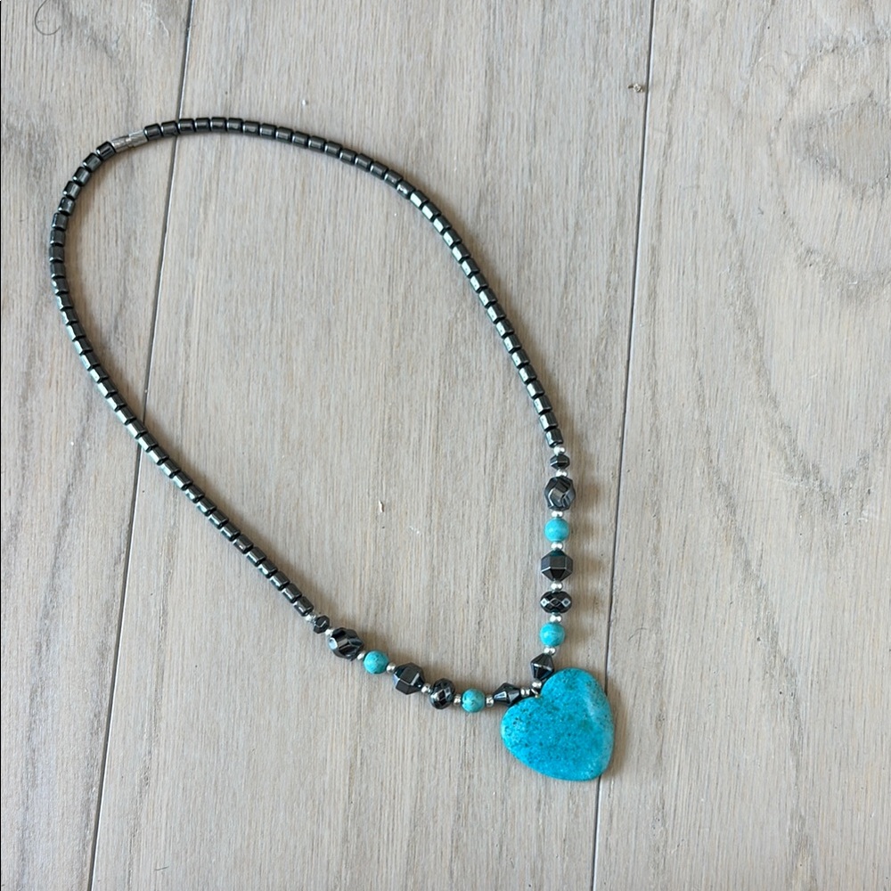 Vintage Hematite Turquoise Heart Pendant Necklace